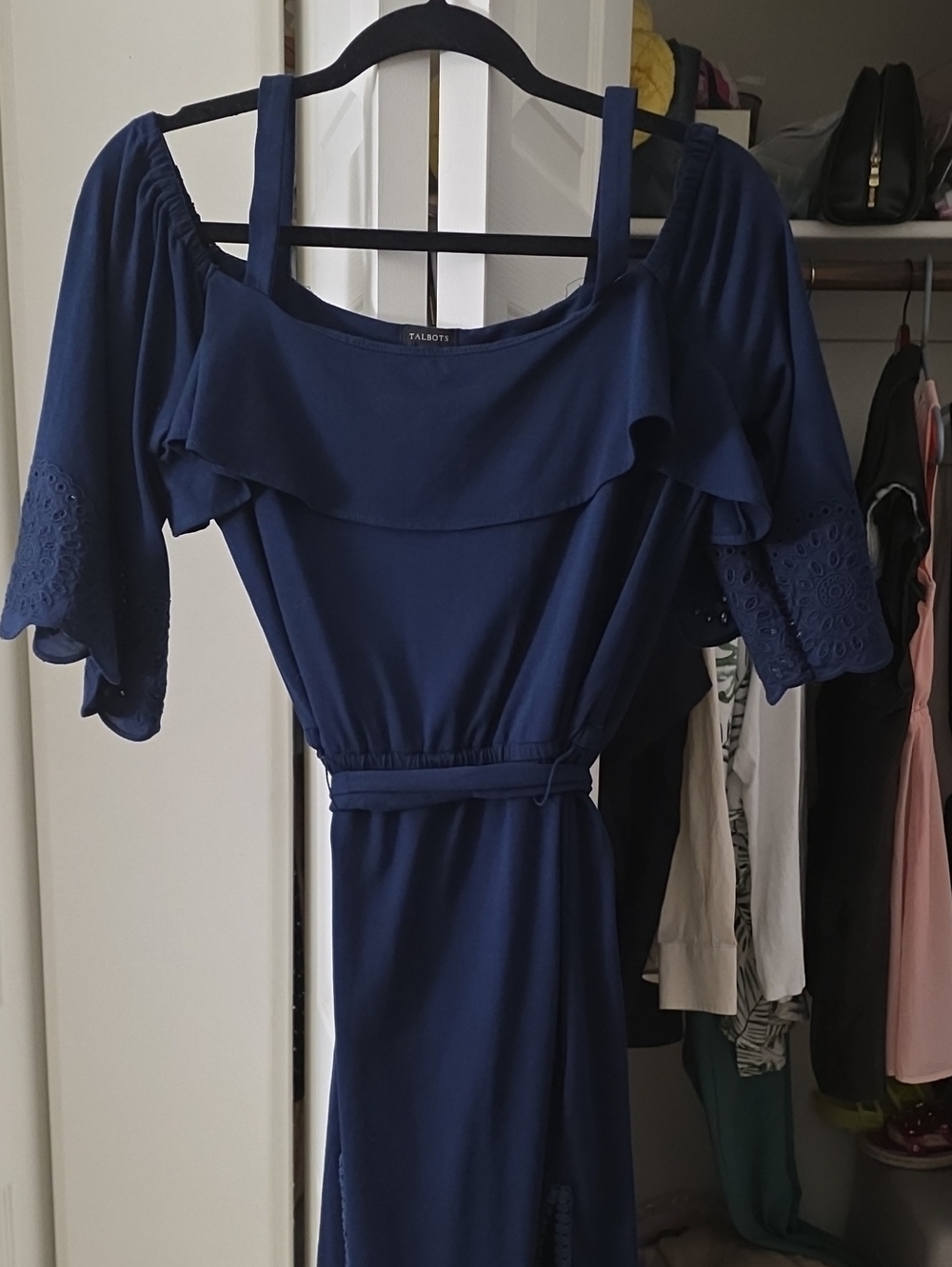 Talbots Navy Off-Shoulder Ruffle Midi Dress with Eyelet Sleeves